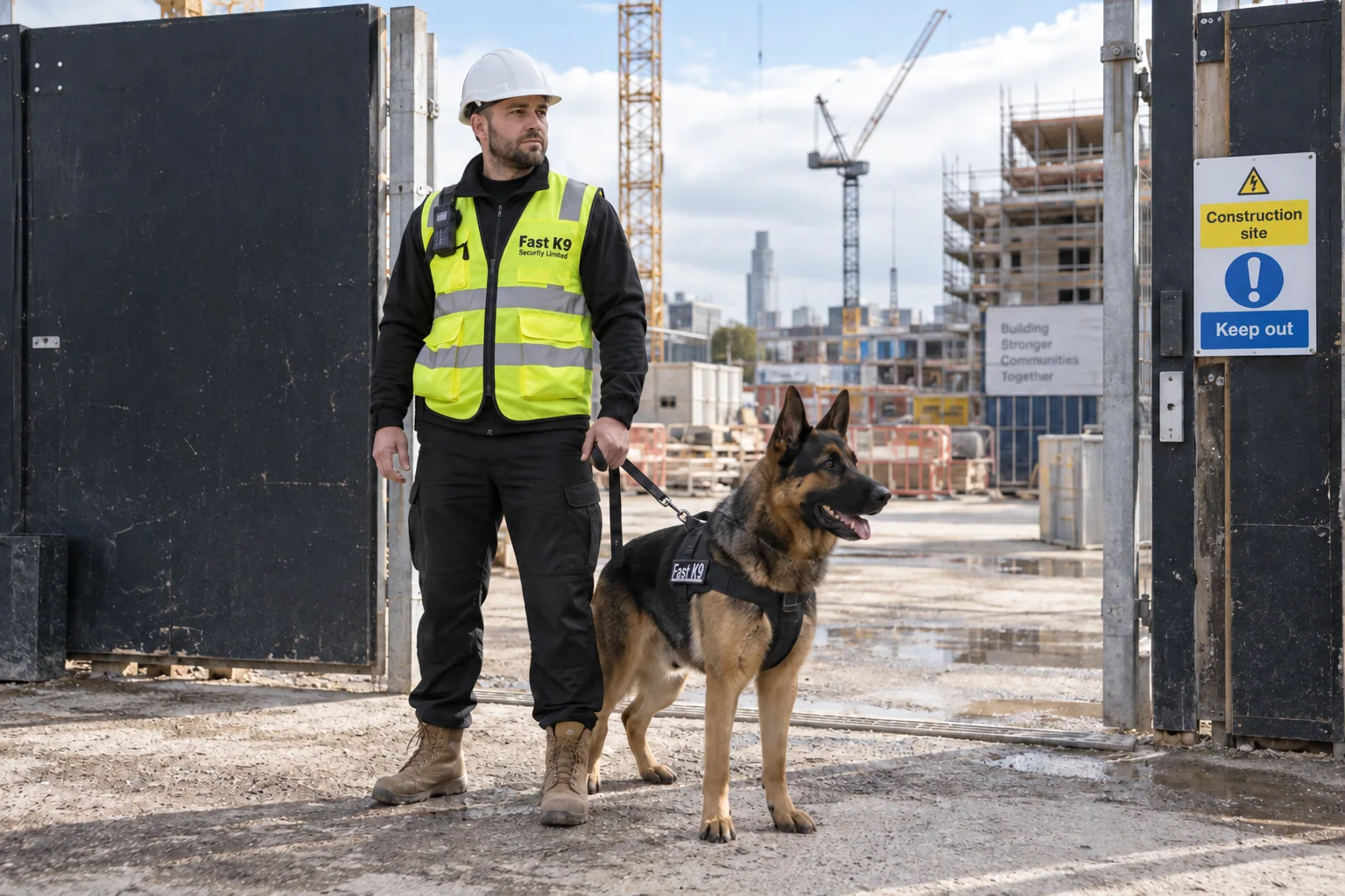 AI-generated concept of a handler in site safety equipment holding a German Shepherd on a leash at a construction entrance.