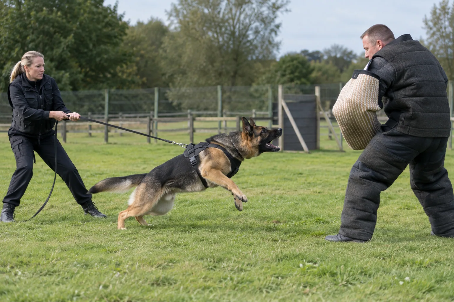 AI-generated concept of a handler restraining a lunging German Shepherd on a leash during training with a padded decoy, without bite contact.