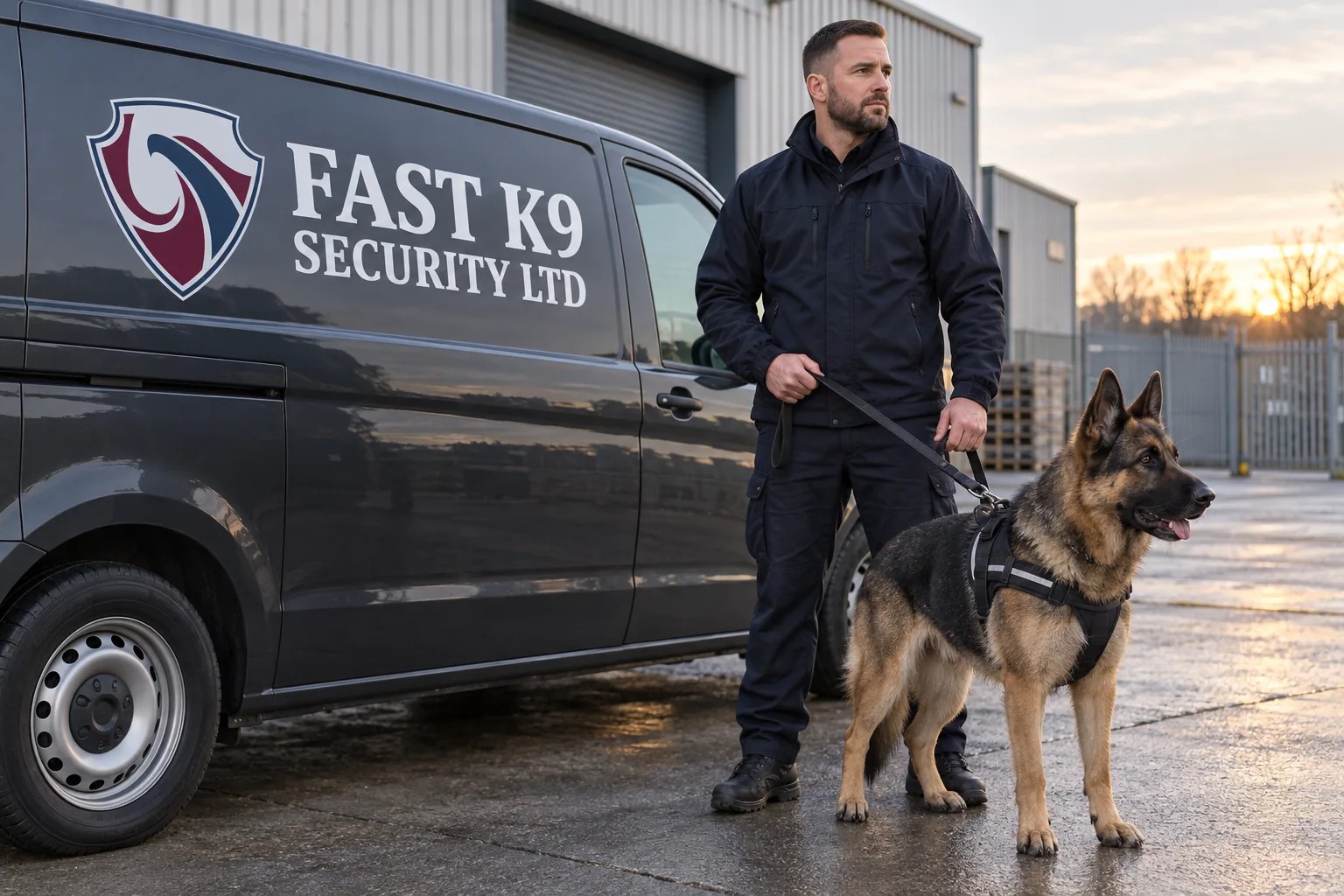 Illustration of a handler and security dog beside a branded vehicle