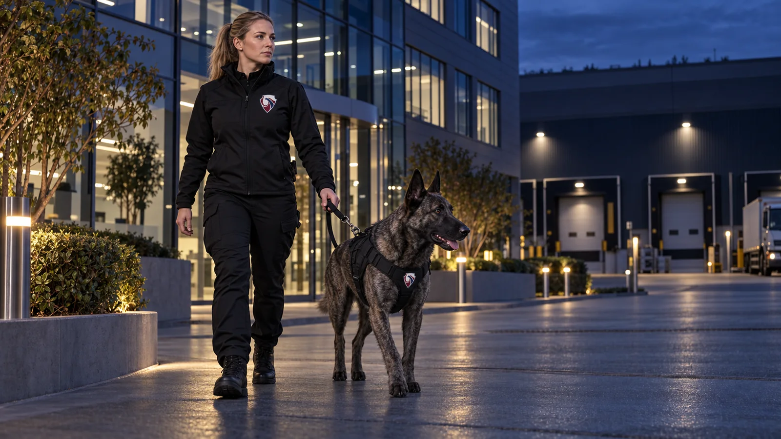 Security dog handler and working dog patrolling a business park at night