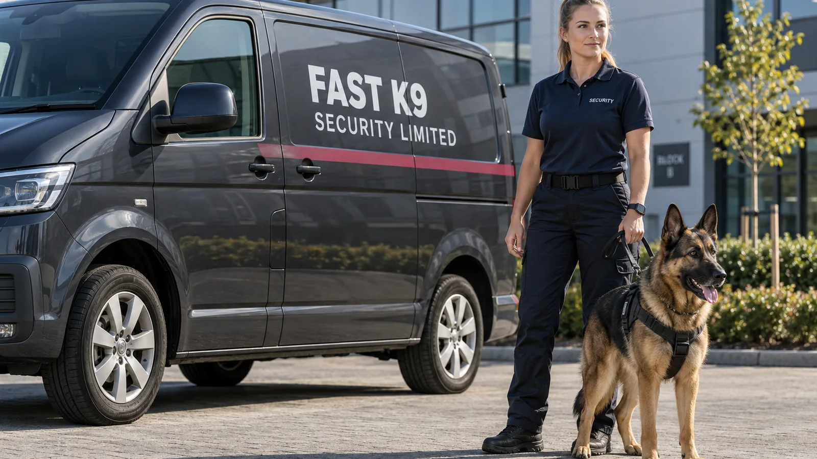 Security dog handler and German Shepherd beside a branded Fast K9 Security Limited vehicle