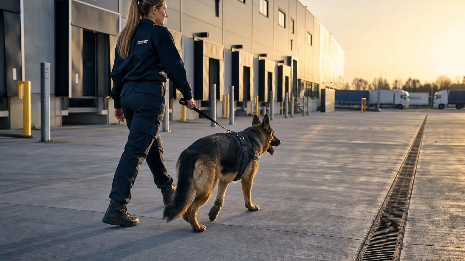 Security dog handler and German Shepherd patrolling warehouse loading bays at sunrise