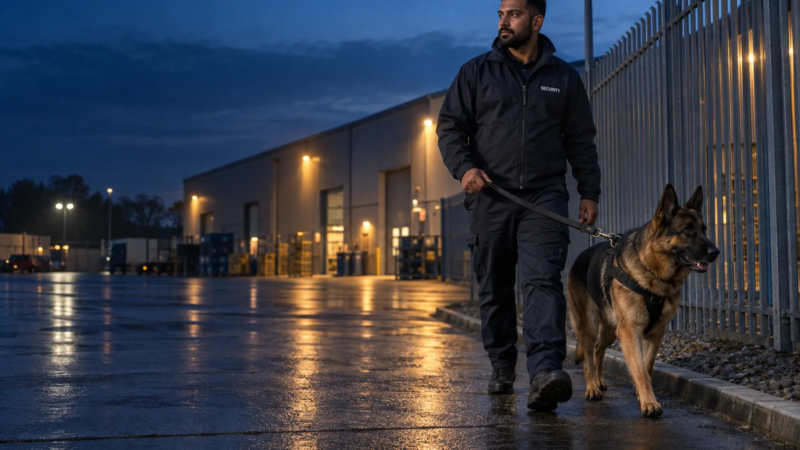 Security dog handler and German Shepherd patrolling an industrial perimeter at night