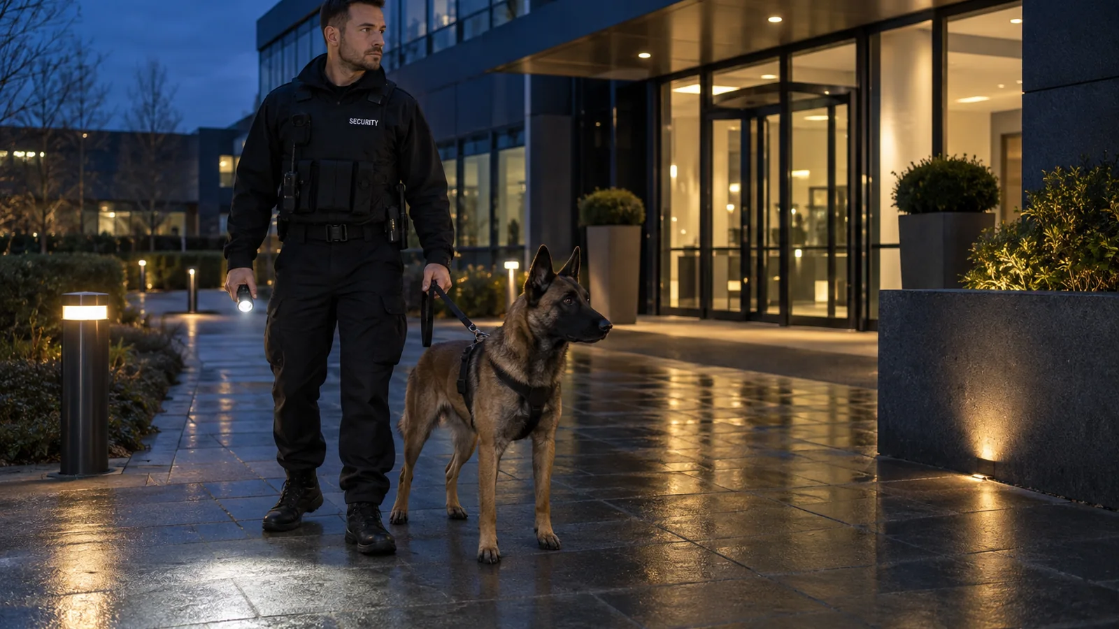 Security dog handler and Malinois checking a corporate building entrance at night