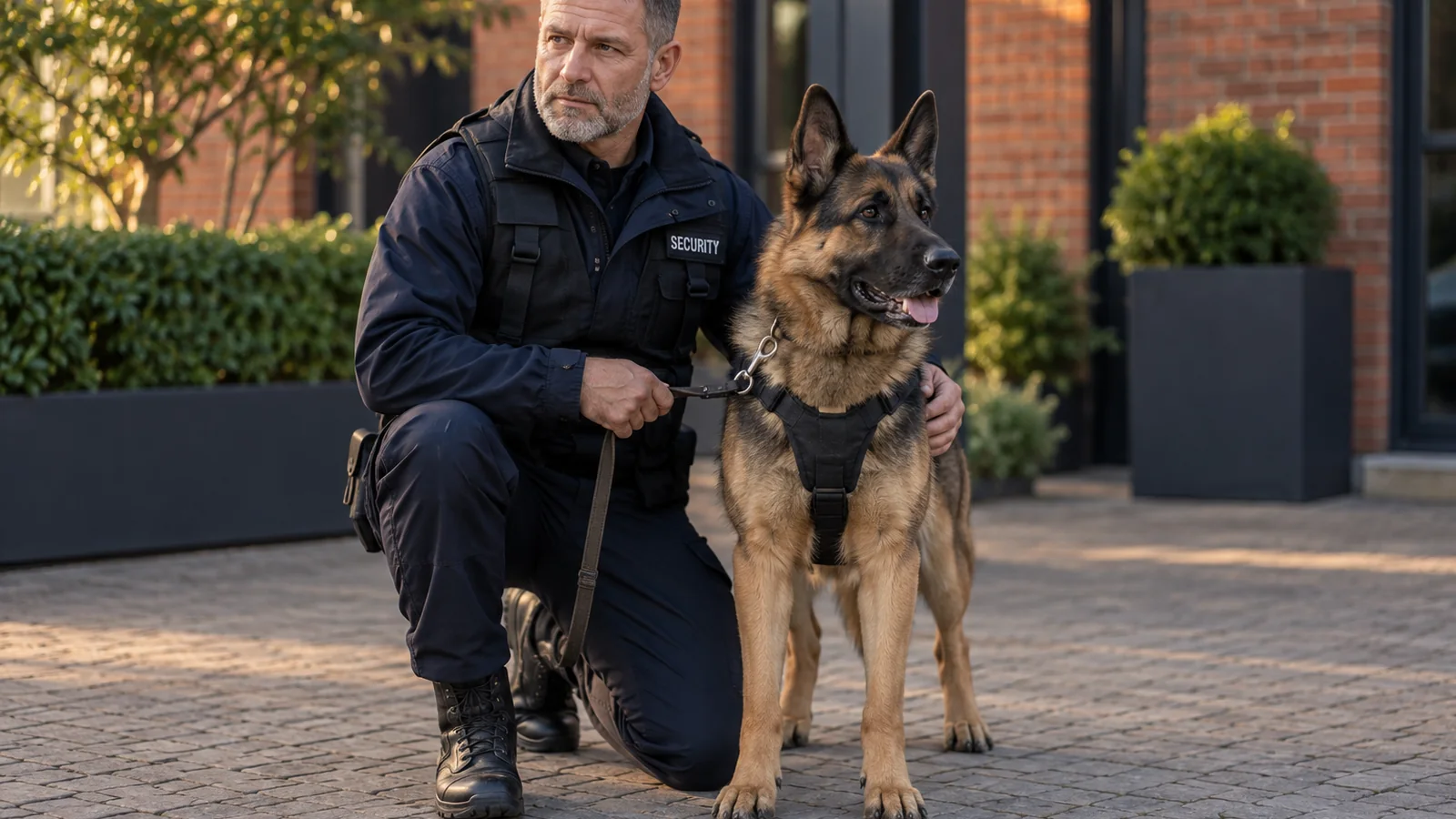 Security dog handler kneeling beside an attentive German Shepherd