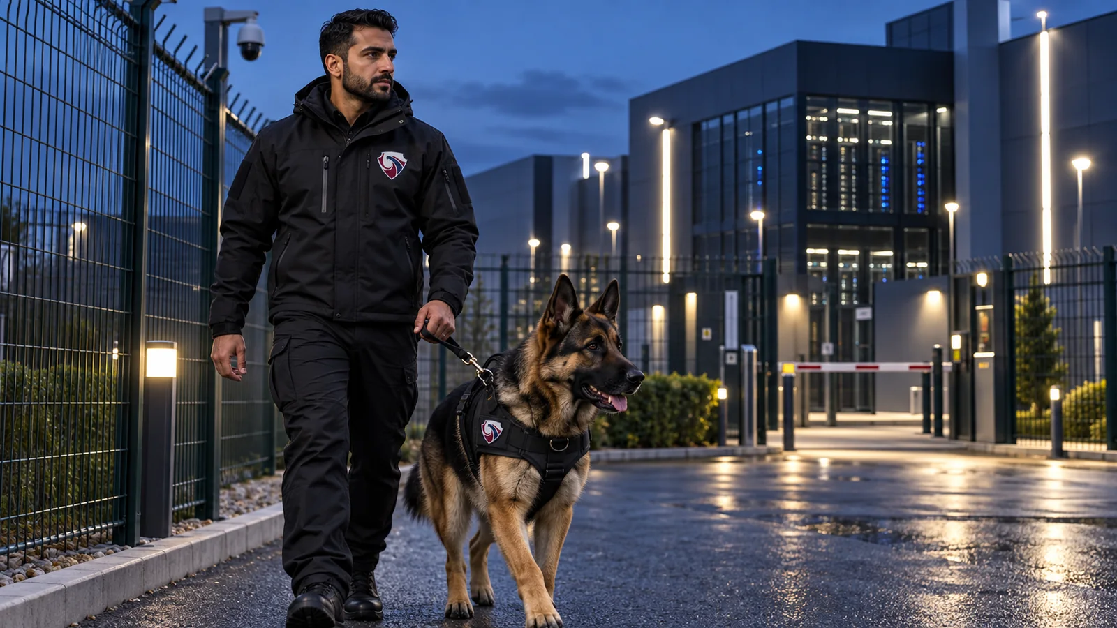 Security dog handler and German Shepherd patrolling a secure data centre