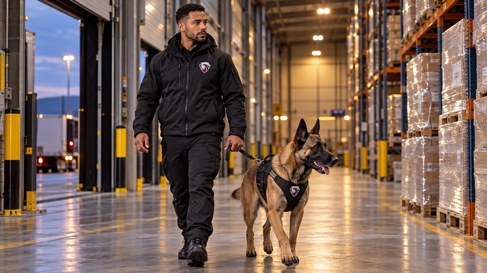Security dog handler and Malinois patrolling inside a warehouse